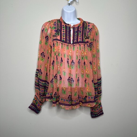 Antik Batik Coral Embroidered Sheer Blouse Women's Small/38 - Picture 1 of 5